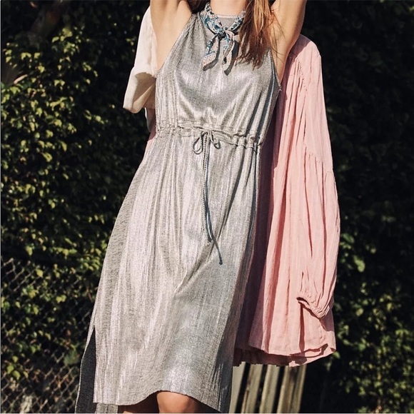 Dolan Anthropologie Silver Metallic Midi Dress Drawstring Waist, Ribbed Sz S - Picture 4 of 15